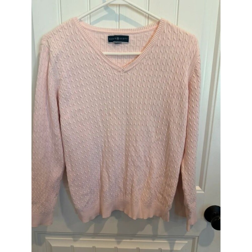 Karen Scott Women’s Medium Pink Cable Knit V Neck Sweater